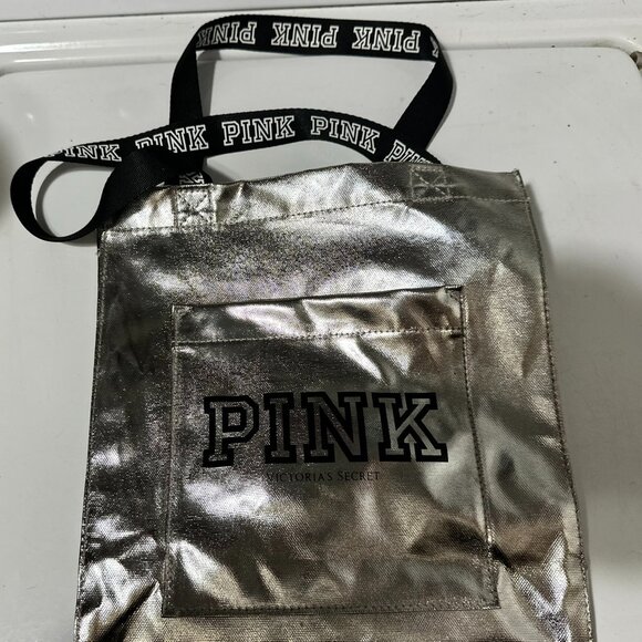 NWOT Victorias Secret PINK Silver Metallic Chrome Logo Small Tote Bag - Picture 1 of 3